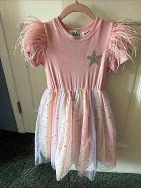 lola Pink Feather Sleeve Star Tulle Dress